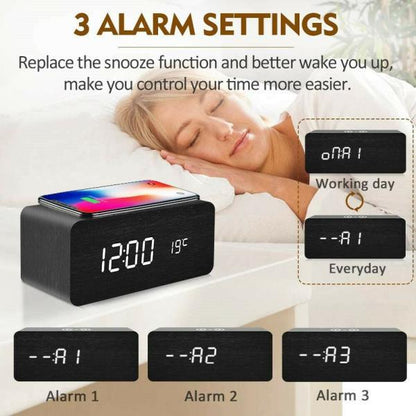 Factory Wholesale Smart Wireless Charging Sound Control Environmentally Friendly Mute Led Wooden Clock Wooden Home Electronic Alarm Clock