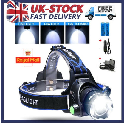 T6 Headlamp Rechargeable 350000LM LED Zoom Headlight Head Torch USB Line New UK