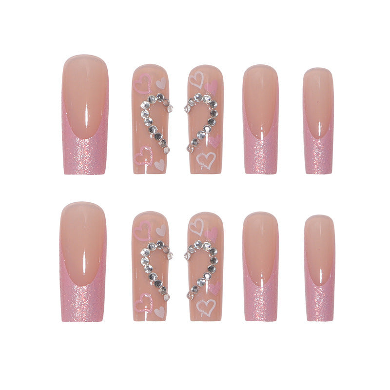 Long Water Pipe Nail French Glitter Love Diamond Wear Manicure