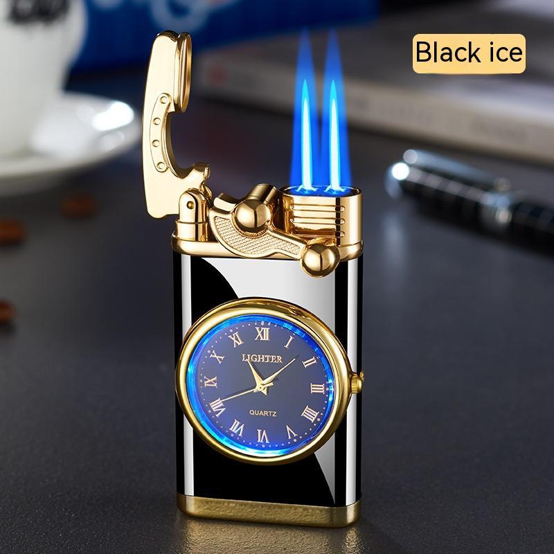 New Lighter With Electric Watch Rocker Arm Automatic Ignition Straight Blue Flame Lighter Creative Real Dial Inflatable Windproof Lighter Men&