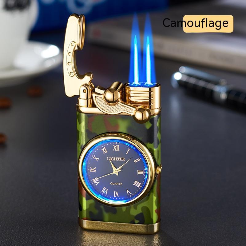 New Lighter With Electric Watch Rocker Arm Automatic Ignition Straight Blue Flame Lighter Creative Real Dial Inflatable Windproof Lighter Men&