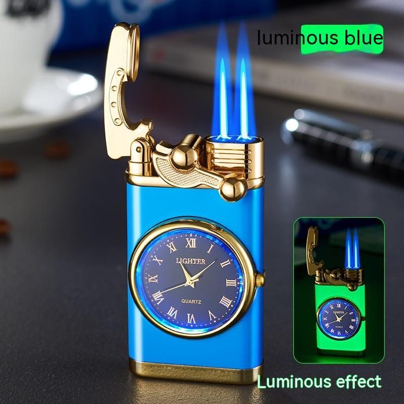 New Lighter With Electric Watch Rocker Arm Automatic Ignition Straight Blue Flame Lighter Creative Real Dial Inflatable Windproof Lighter Men&