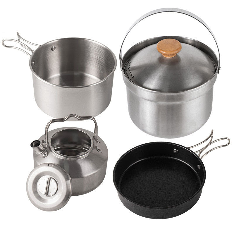 Outdoor Jacketed Kettle Camping Stainless Steel Pot 4-piece Kettle Frying Pan Stew-pan Self-driving Portable Picnic Suit