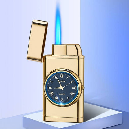 New Lighter With Electric Watch Rocker Arm Automatic Ignition Straight Blue Flame Lighter Creative Real Dial Inflatable Windproof Lighter Men&