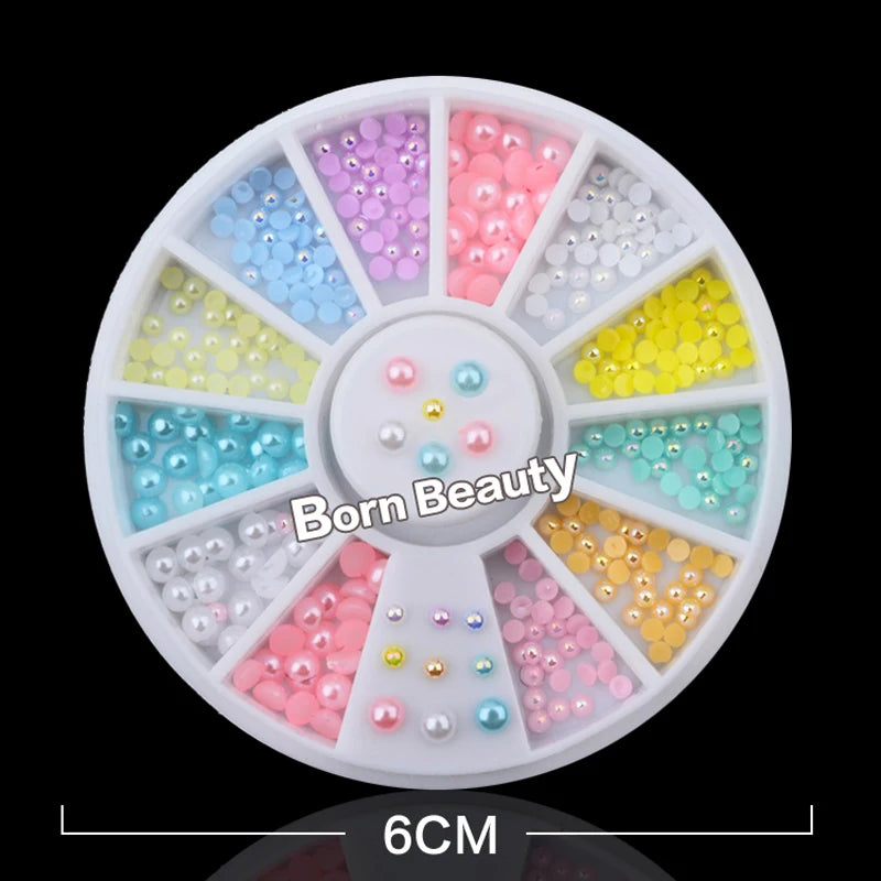 Mix Sizes Candy Color Shiny Half Round Flatback Pearls Nail Art Stickers Tips Glitter Fashion Nail Rhinestone Decoration Wheel