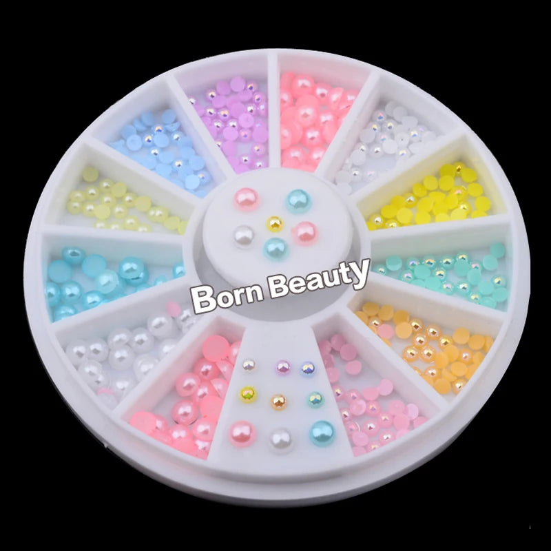 Mix Sizes Candy Color Shiny Half Round Flatback Pearls Nail Art Stickers Tips Glitter Fashion Nail Rhinestone Decoration Wheel