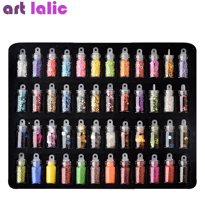 Artlalic 48 Bottles Nail Art Rhinestones Beads Sequins Glitter Tips Decoration Tool Gel Nail Stickers Mixed Design Case Set