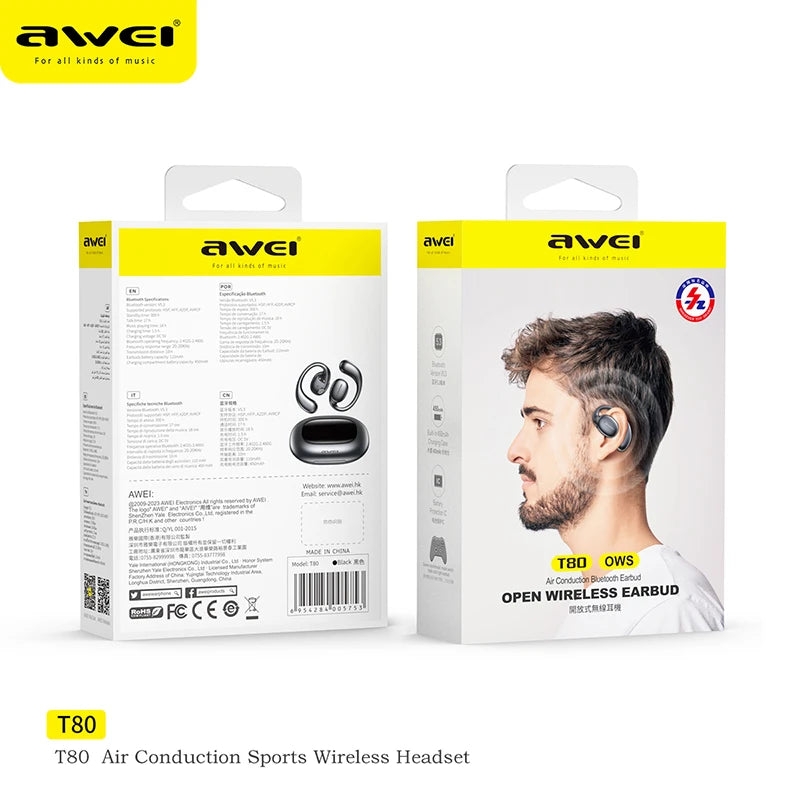 Awei T80 OWS Earhook Sports Headset  Air Conduction Wireless Bluetooth Headphones Bluetooth 5.3 Earphones TWS Earbuds 450mAh