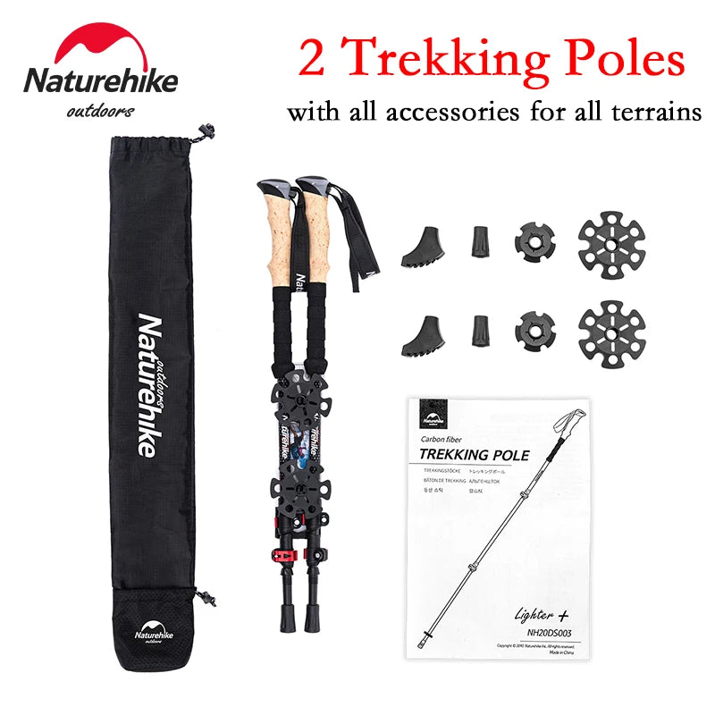 Naturehike 2pcs Trekking Pole Carbon Fiber Telescopic Walking Sticks Tent Foyer Poles Carbon Climbing Stick Hiking Supplies