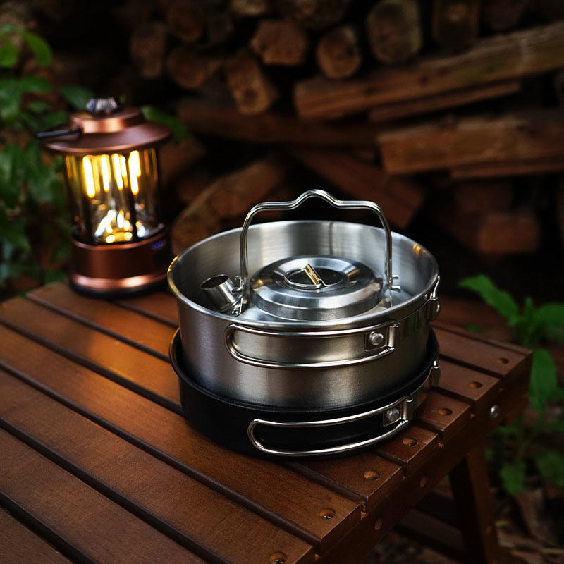 Outdoor Jacketed Kettle Camping Stainless Steel Pot 4-piece Kettle Frying Pan Stew-pan Self-driving Portable Picnic Suit