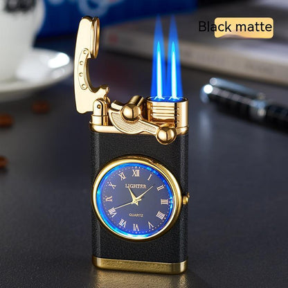 New Lighter With Electric Watch Rocker Arm Automatic Ignition Straight Blue Flame Lighter Creative Real Dial Inflatable Windproof Lighter Men&