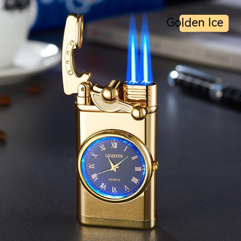 New Lighter With Electric Watch Rocker Arm Automatic Ignition Straight Blue Flame Lighter Creative Real Dial Inflatable Windproof Lighter Men&